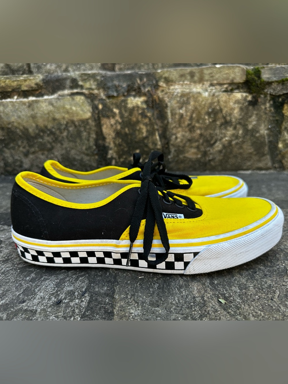 Vans Customs Mens Yellow and Black Checkerboard Lace-Up Sneakers